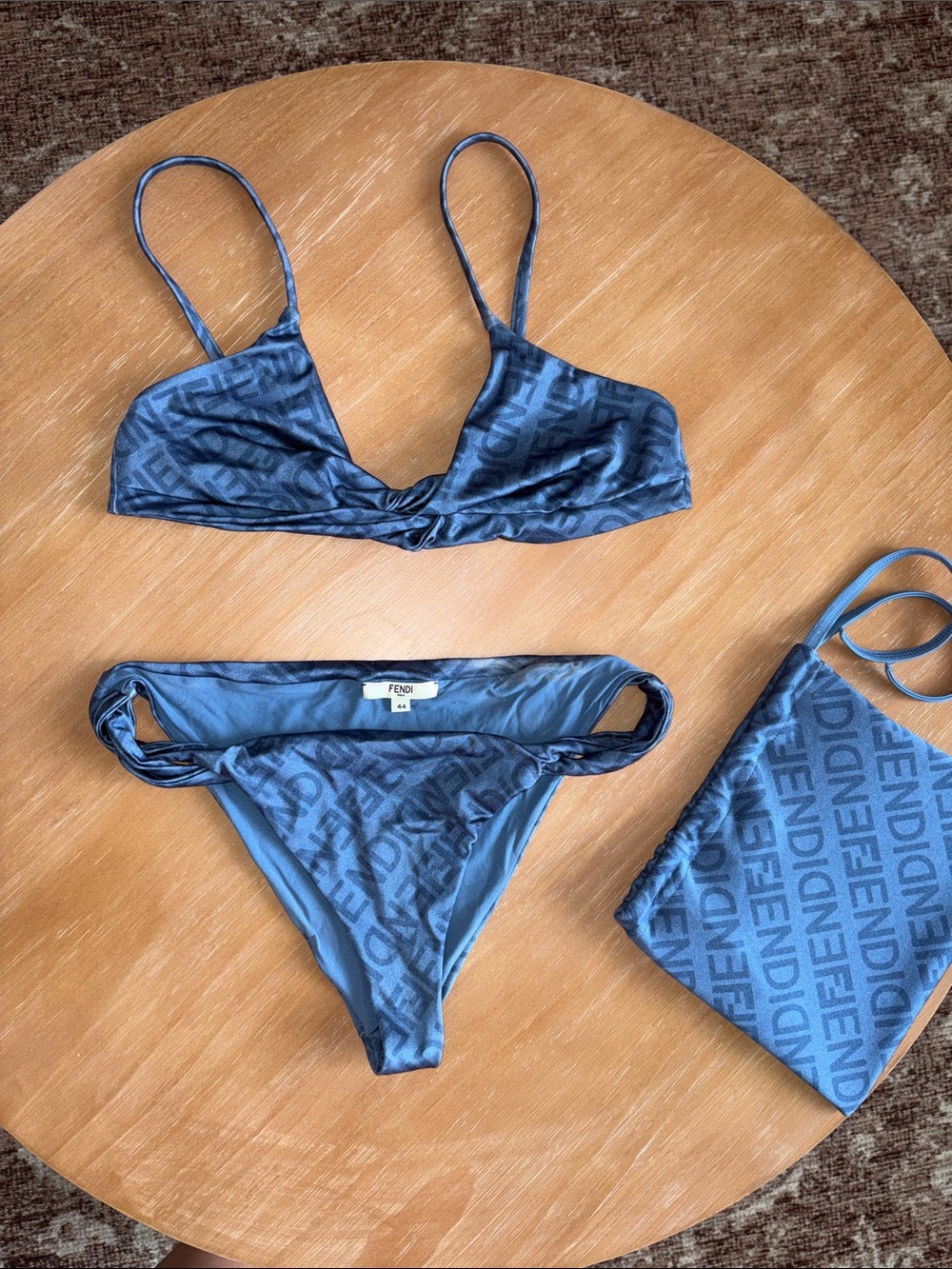 Fendi Blue Tonal Monogram Bikini Set with Matching Pouch